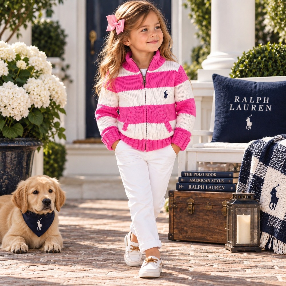RALPH LAUREN Kids Girls Sweater Full Zip 3T Pink White Striped 100% Cotton Knit